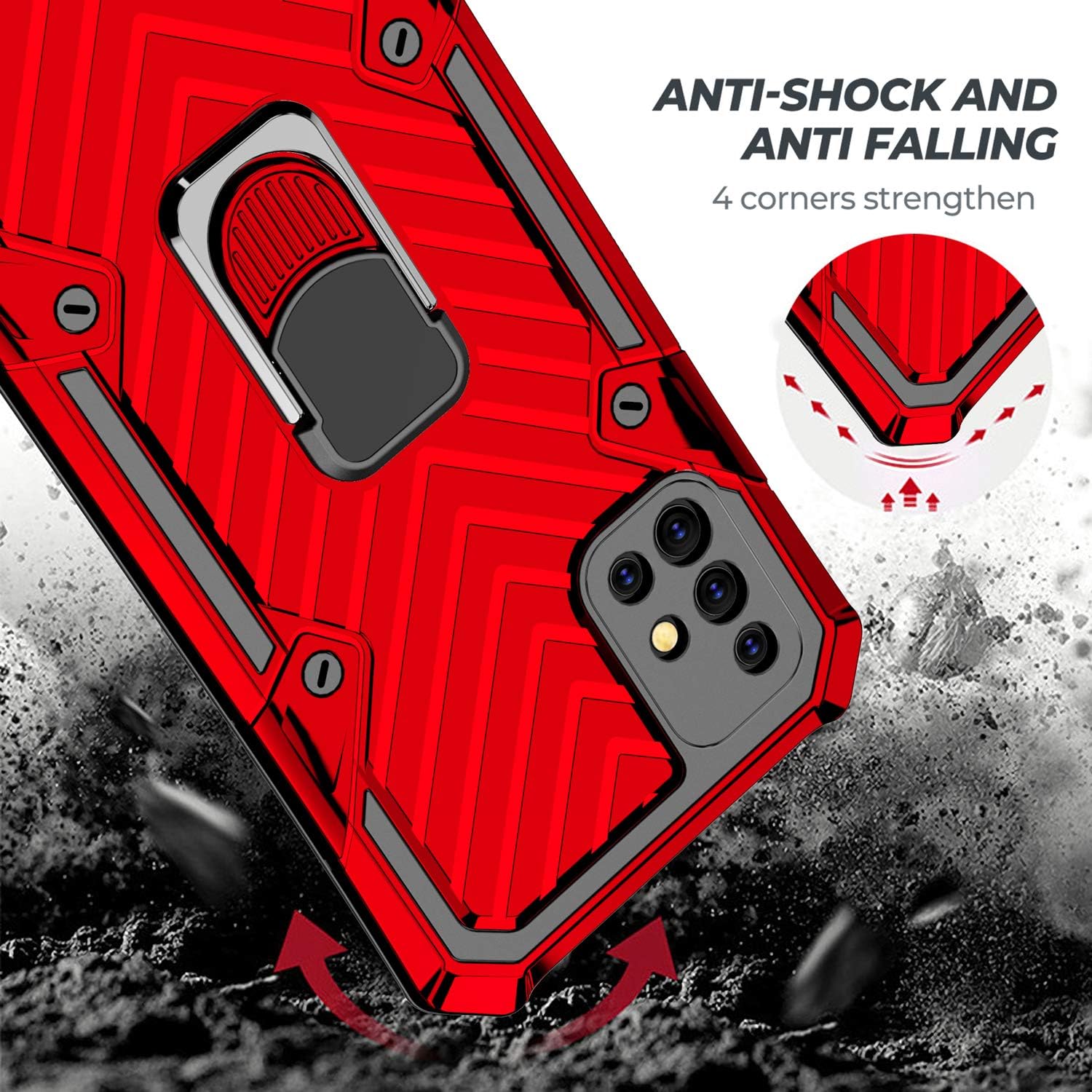 Samsung Galaxy A51-4G Case with [2 x Tempered Glass Screen Protector] [ Military Grade ] 15Ft. Drop Tested Armor Protective Phone Case with Magnetic Car Mount Ring Kickstand for Galaxy A51-4G (Red)