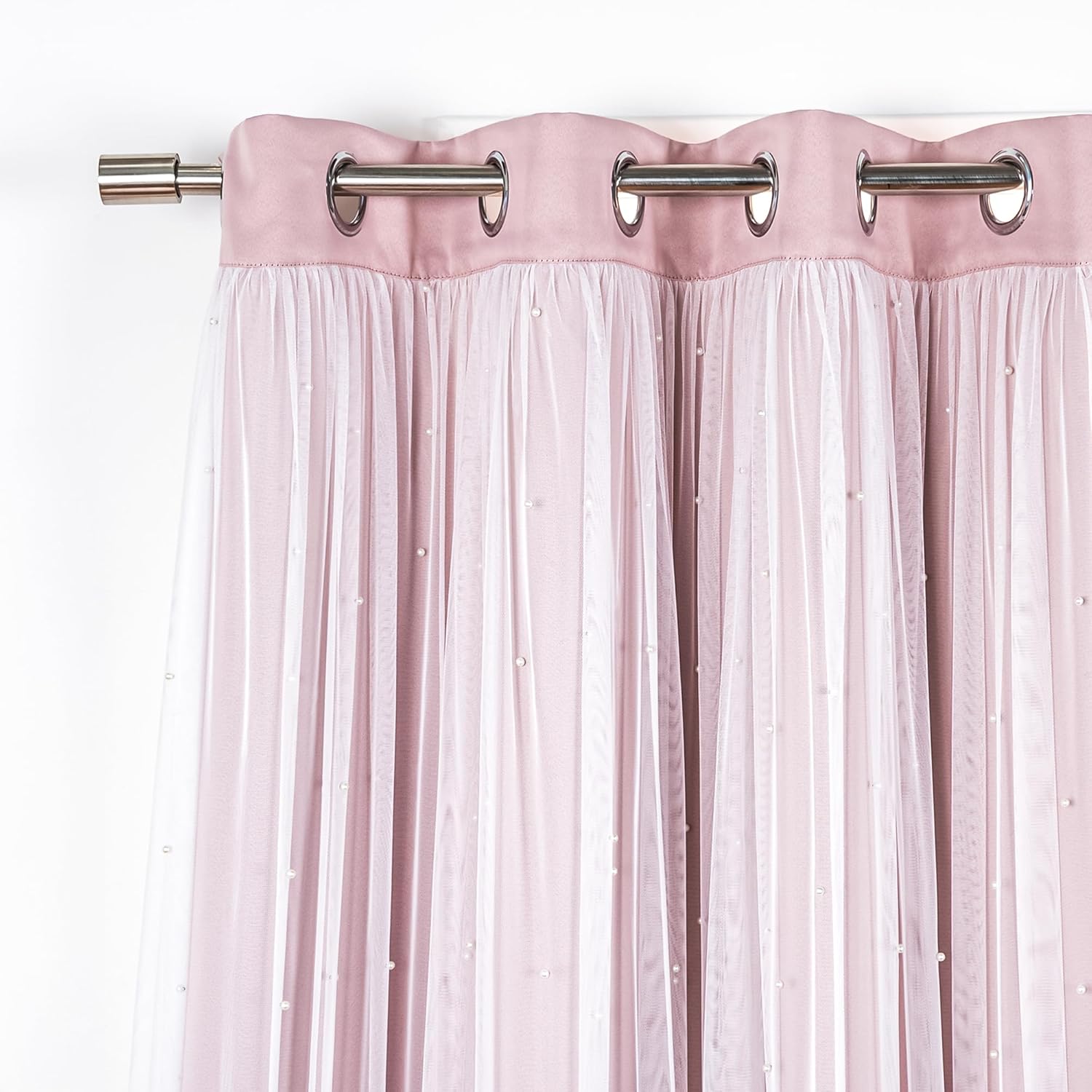 Best Home Fashion Pearl Beaded Lace Overlay Blackout Curtain Set, Double Layer Silver Grommet Thermal Insulated Window Panels for Bedroom, Living Room, Dining Room- 52" W x 84" L, Dustypink