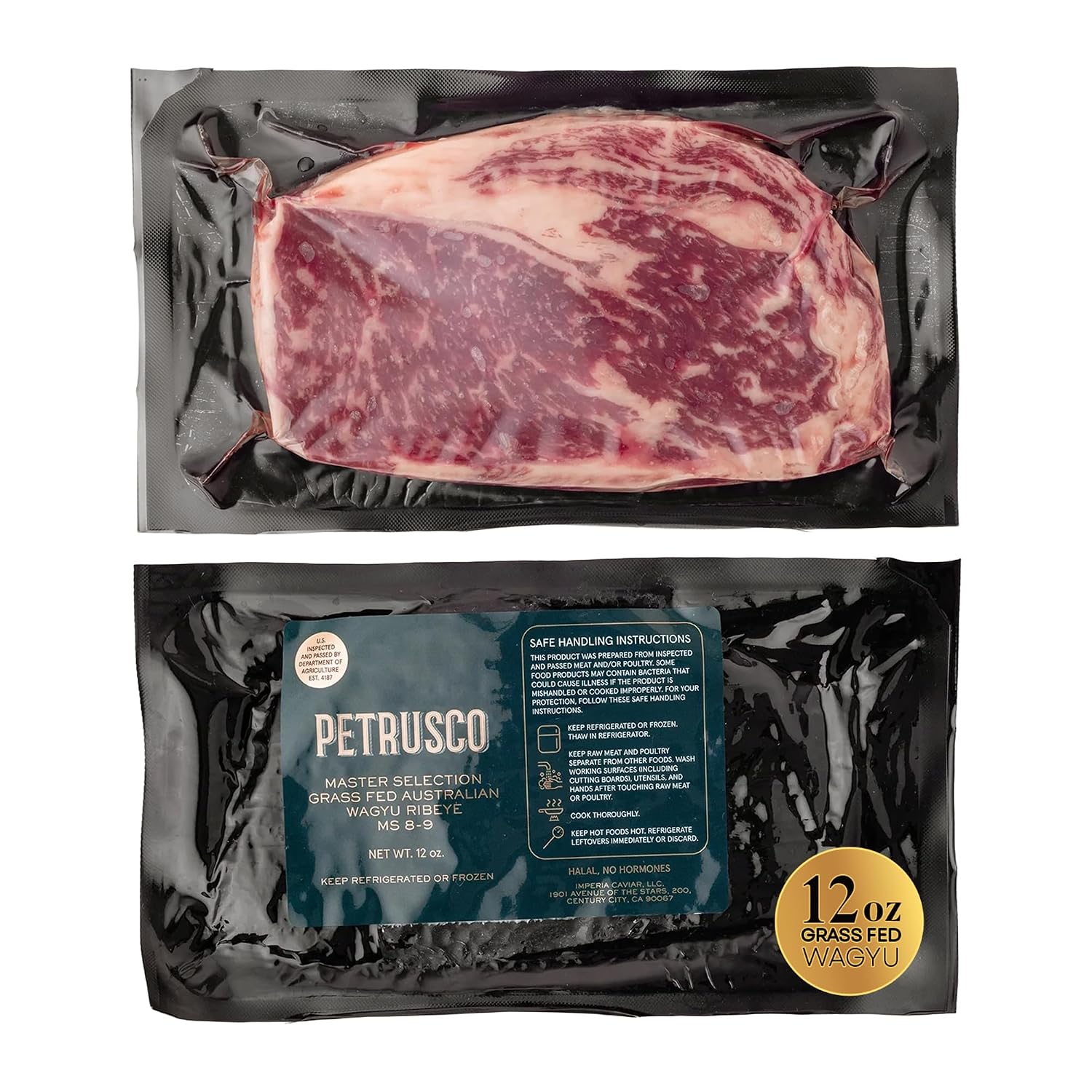 Petrusco Australian Wagyu Ribeye Steak MS 8-9, Grass Fed & 400-Day Grain Finished, Darling Downs Single-Origin Beef, Halal Certified, No Hormones, Premium Gourmet Steak, 12oz