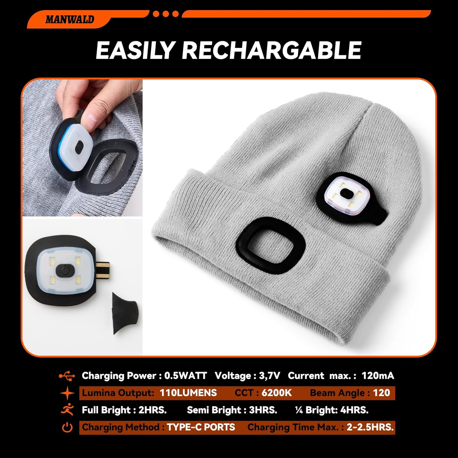 MANWALD LED Beanie Hat with Light, USB Rechargeable LED Headlamp, Gifts for Men, Mens Gifts, Birthday Gifts for Him Dad Husband, Boyfriends, Grey, 1 Pack