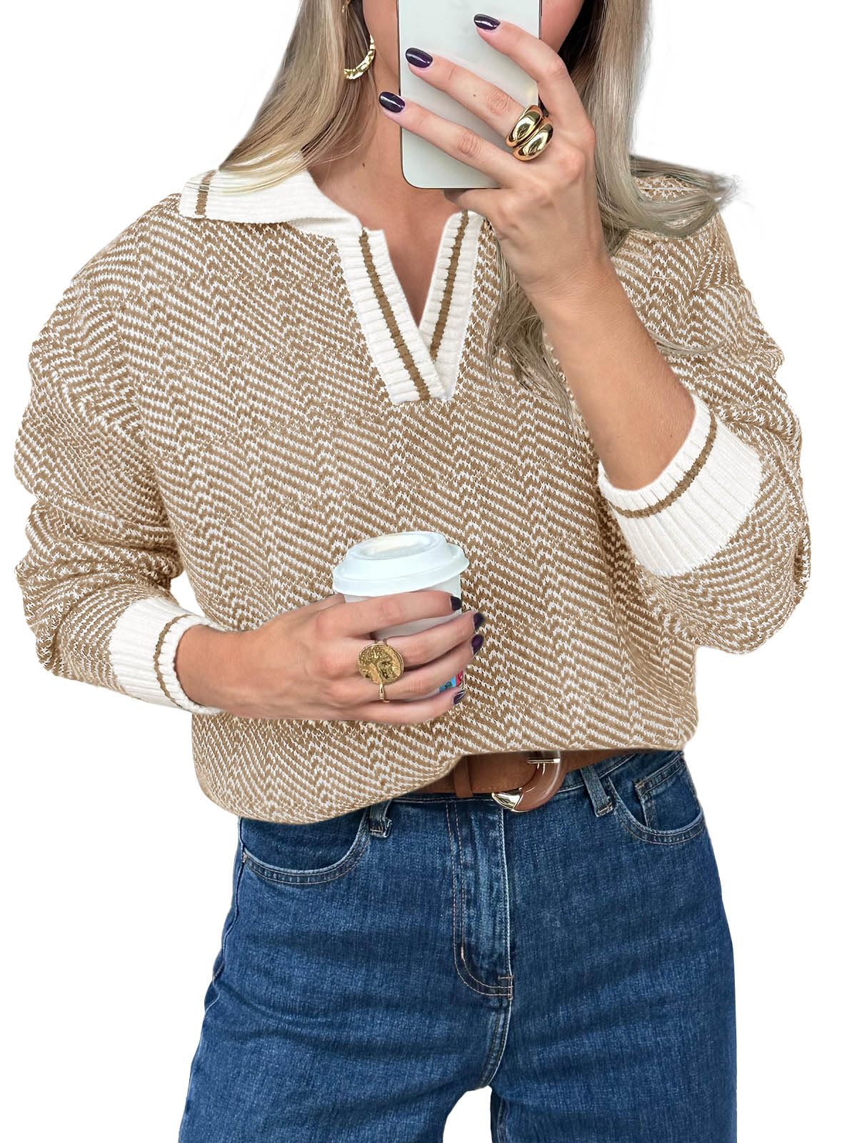 Saodimallsu Womens Fall Sweaters Tops Lapel V Neck Knit Sweater Color Block Long Sleeve Casual Soft Pullover Shirt
