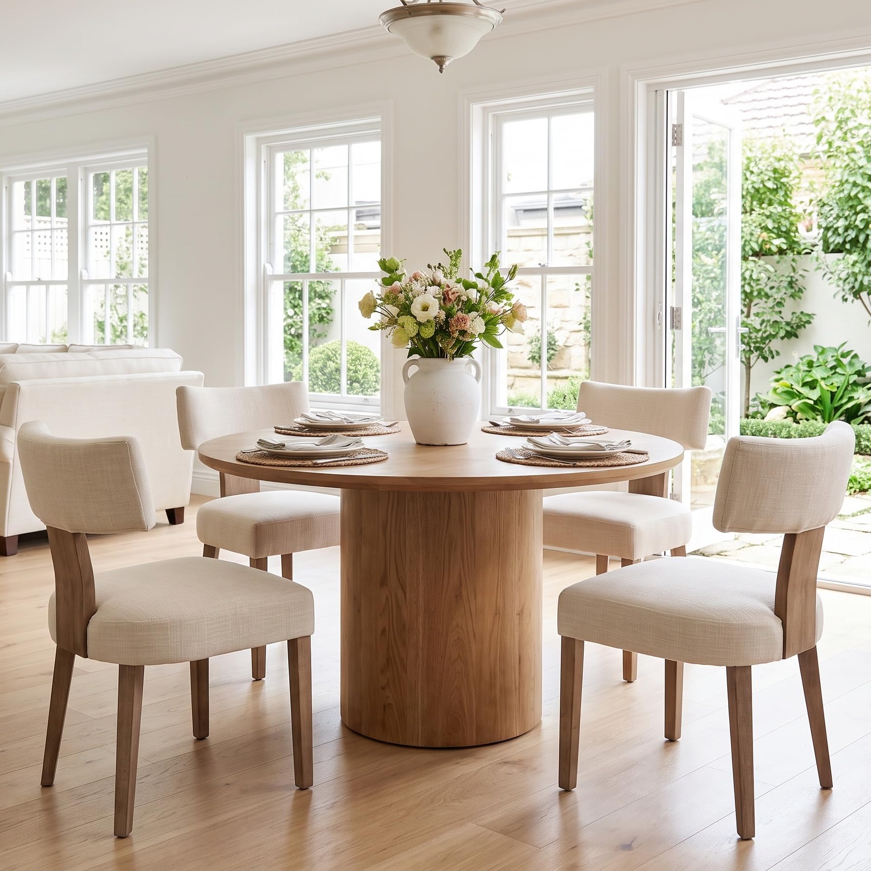 RIVOVA Linen Dining Chairs Set of 4 with Seat Covers, Modern Dining Chairs with Wood Legs, Farmhouse Fabric Upholstered Dining Room Kitchen Side Chairs, Beige