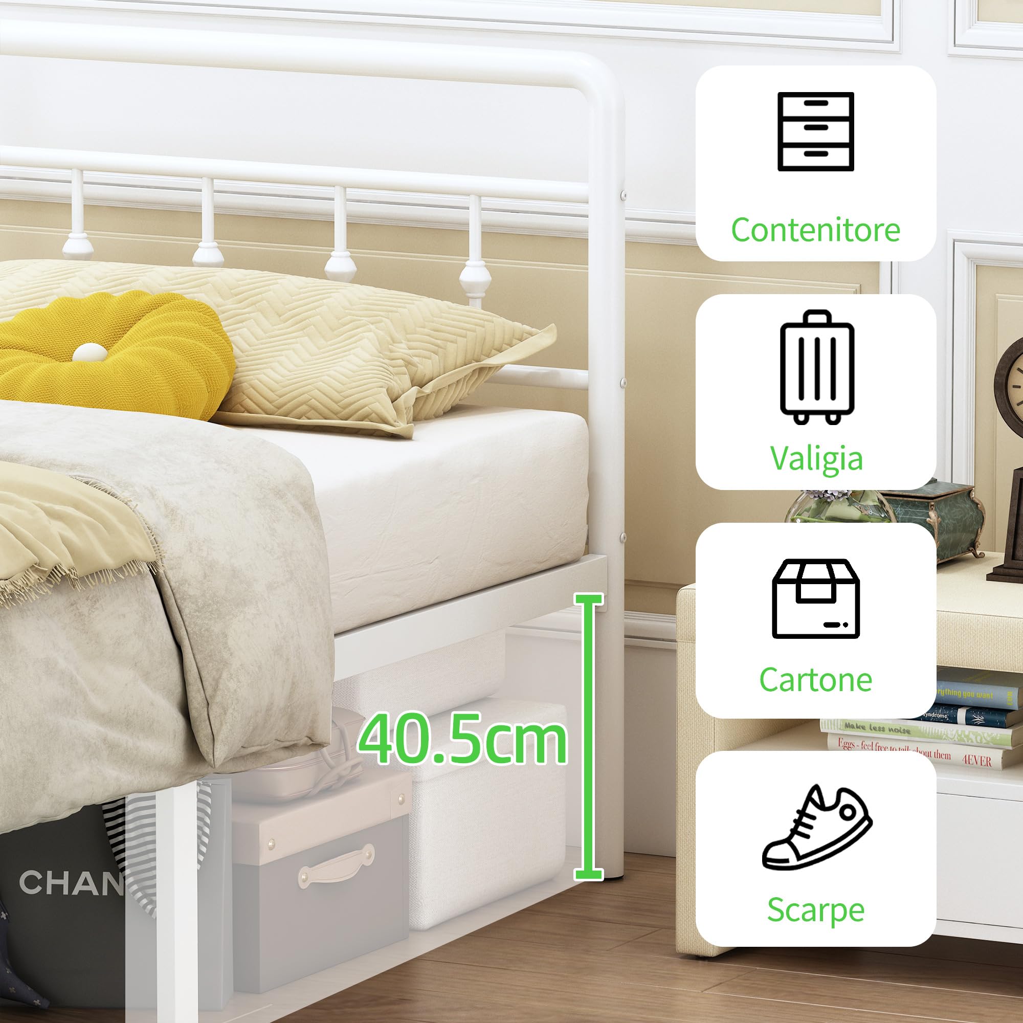 EMODA Struttura Letto in metallo 80 x 190 cm con testiera e pediera, Letto singolo altezza 46 cm, letto singolo, Facile da montare, Silenzioso, Bianco