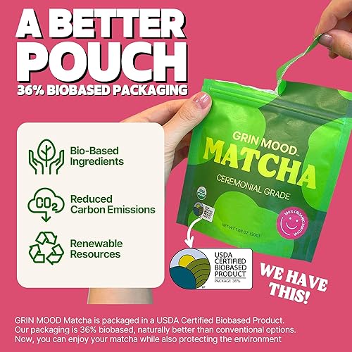 Miniatura 4 de GRIN MOOD Polvo de matcha grado ceremonial  Té verde descafeinado, 100% orgánico USDA (2.12 onzas)