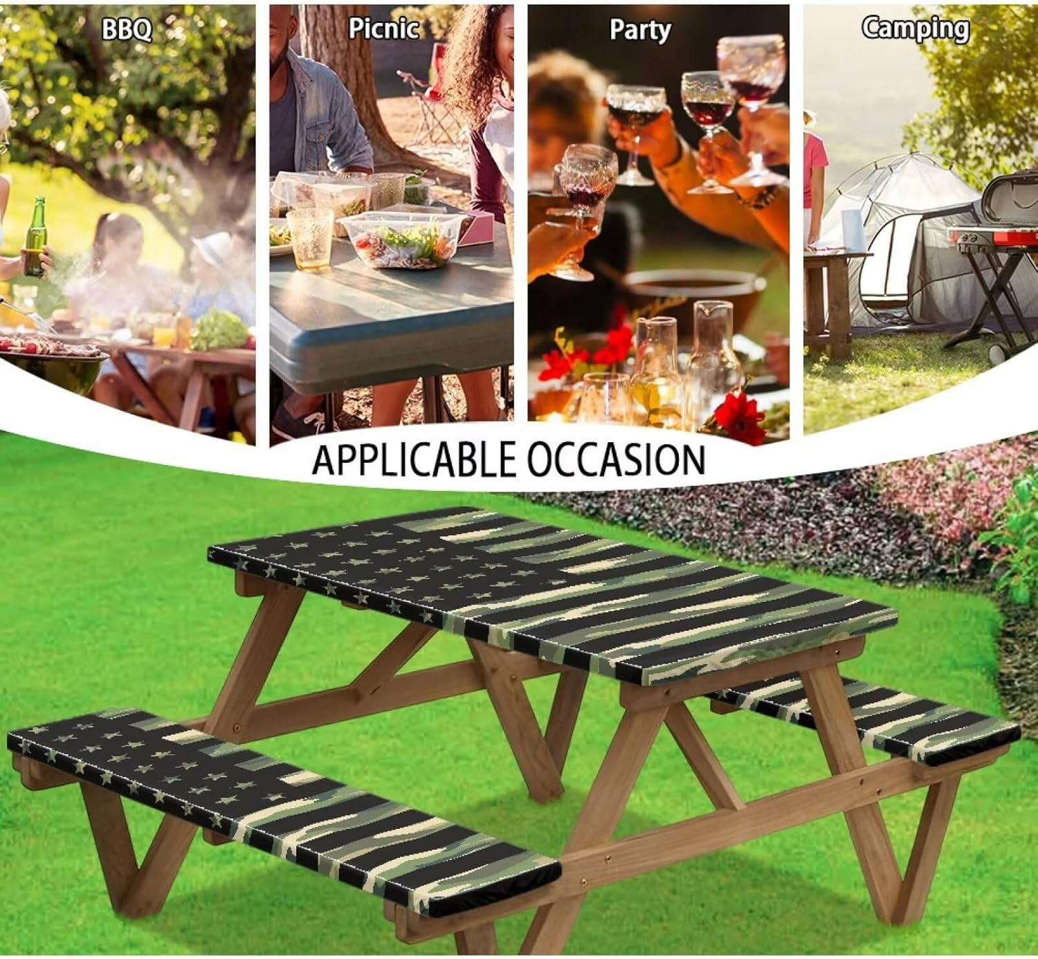 Picnic Table and Bench Fitted Cover Elastic Edges Camo American Flag 3 Pieces Garden Bench Tablecloth Long Chair Covers Set for Picnic Tables Travel Accessories