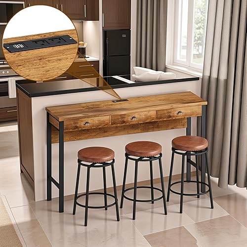 Merax 4 Piece Bar Table Set with Power Outlets, Dining Bar Table and Chairs Set with 3 Drawers, Breakfast Nook Table Set with 3 Circular PU Stools for Living Room, Dining Room, Brown + Black