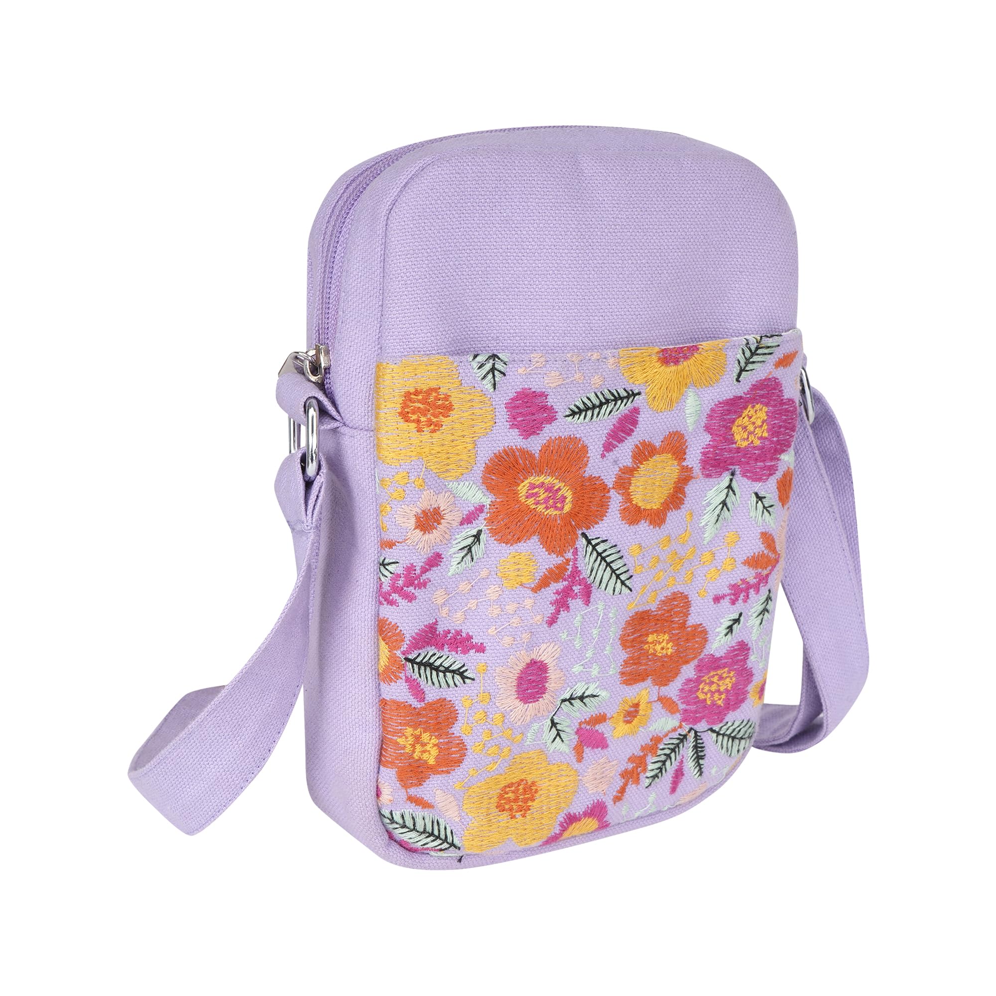Canvas Mobile Cross Body Sling Bag for Girls Women,100% Cotton, Embroidery, Zip Closure, Pocket, Adjustable Strap, Compact Everyday Bag - Flowers (Lilac)-image-46