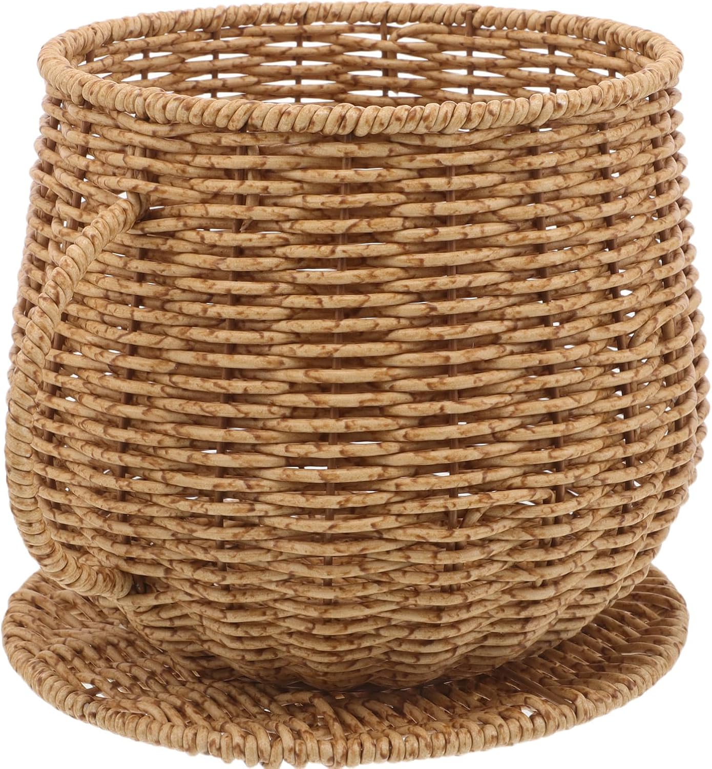 Khaki Pp Faux Rattan Coffee Cup Shaped Storage Basket with Iron Frame, Space Saving and Easy Cleaning Organizer for Household Setting and Kitchen Countertop