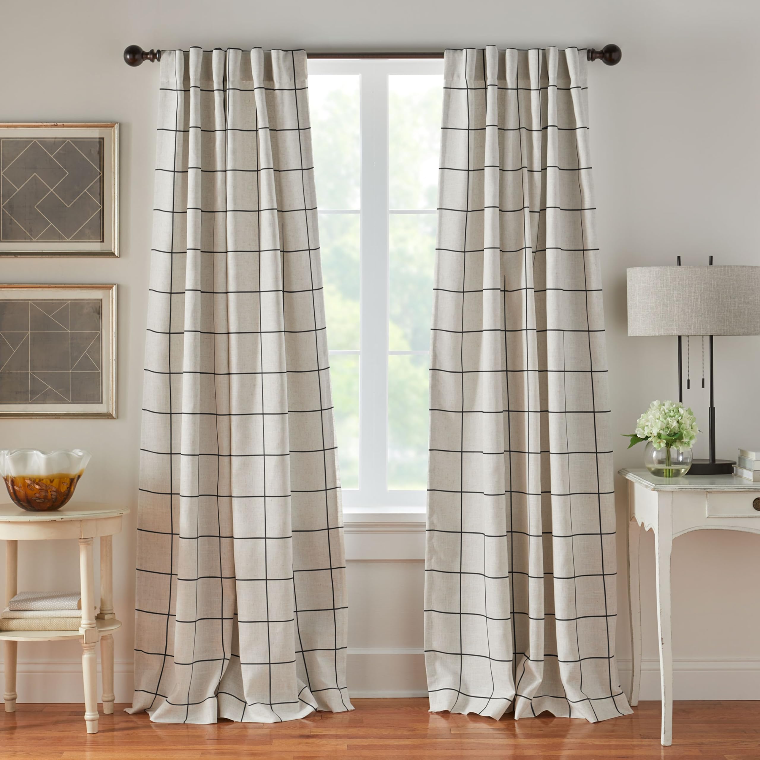Home Fashions Brighton Windowpane Plaid Blackout Window Curtain, Living Room and Bedroom Drape with Rod Pocket Tabs, 52" x 84", Black, 1 Panel