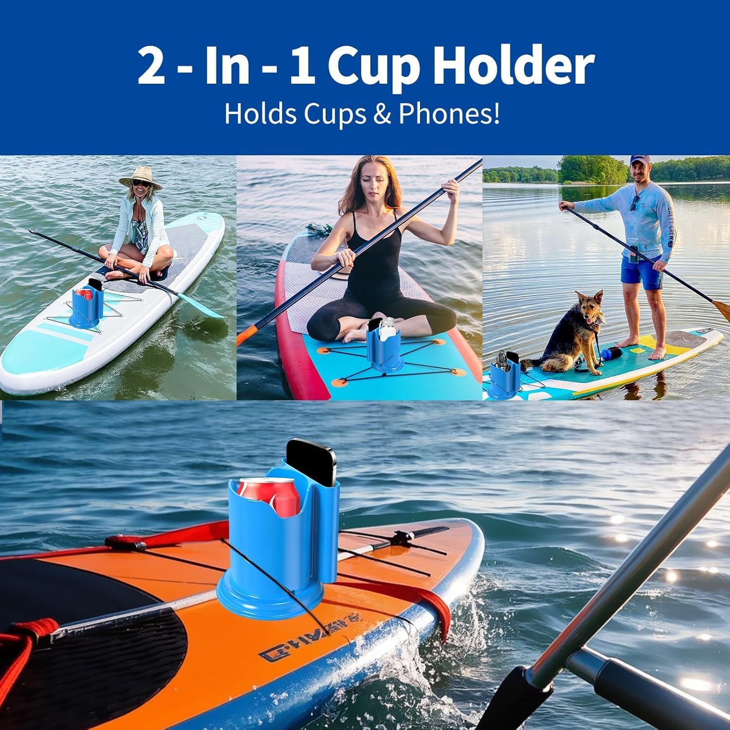 Paddle Board Cup Holder - Kayak Drink Holder for SUP, Paddle Board Accessories, No-Spill Elastic Cup Mount with Anti-Flip Design, Heavy-Duty TPE, Kayak & Paddleboard Phone Holder （Black）
