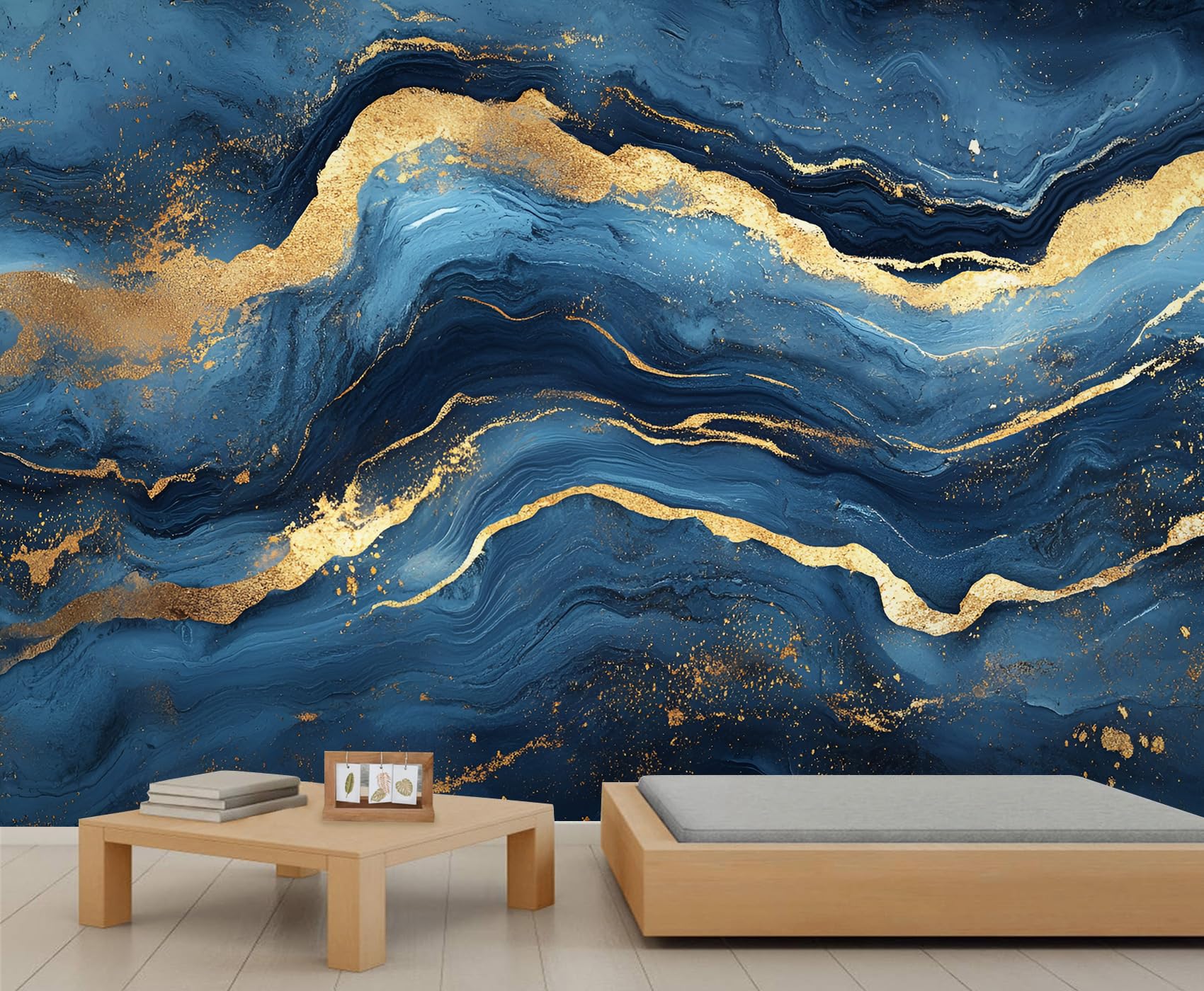 Papier peint abstrait marbré bleu marine et doré géant 3D pour salon et café
