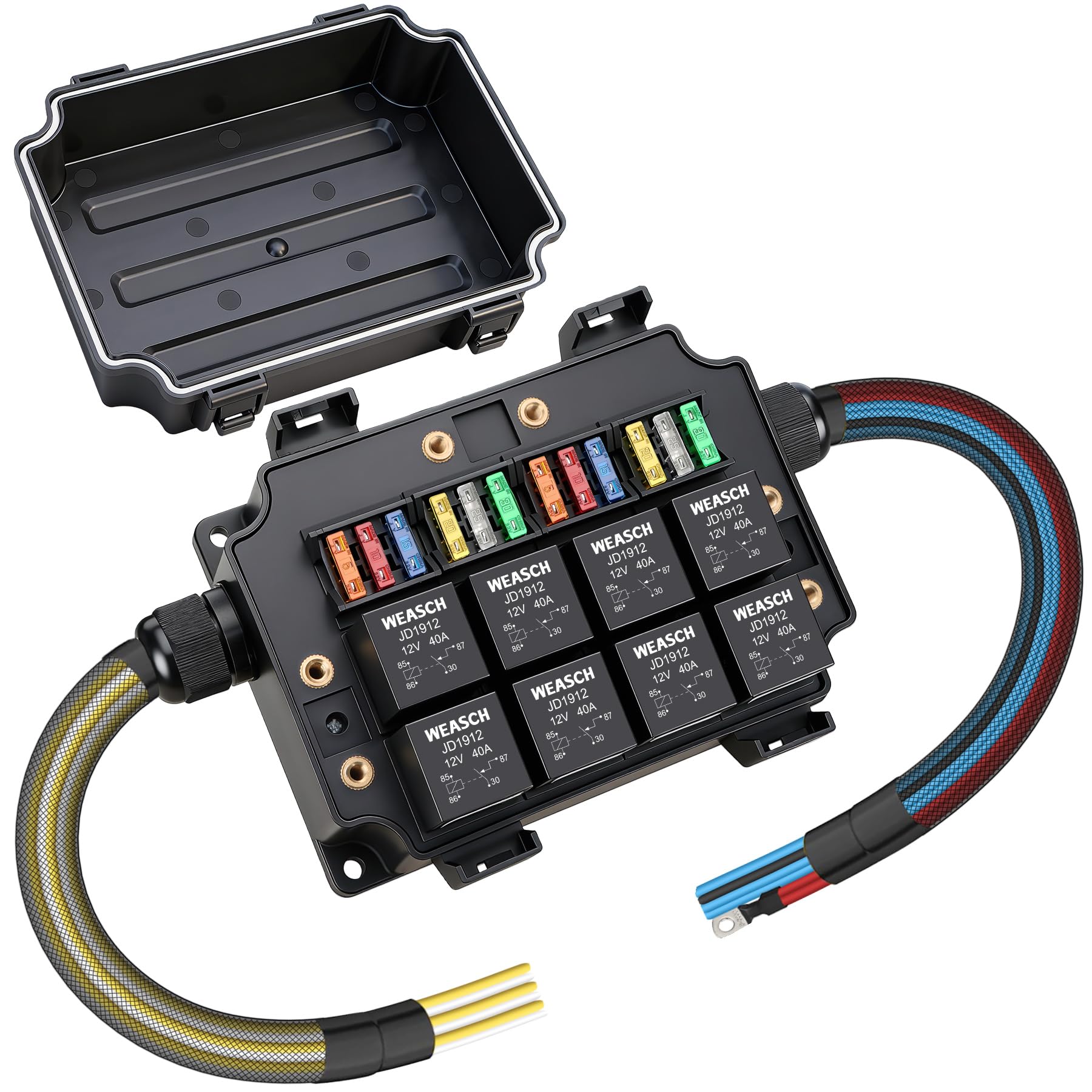 12V 12-fach vorverdrahteter, wasserdichter Sicherungs- und Relaiskasten, 8 Relais und 12 ATC/ATO-Flachsicherungen, 4-poliger 40A-Relaisblock und -Kit, für PKW, LKW, Boot und Jeep