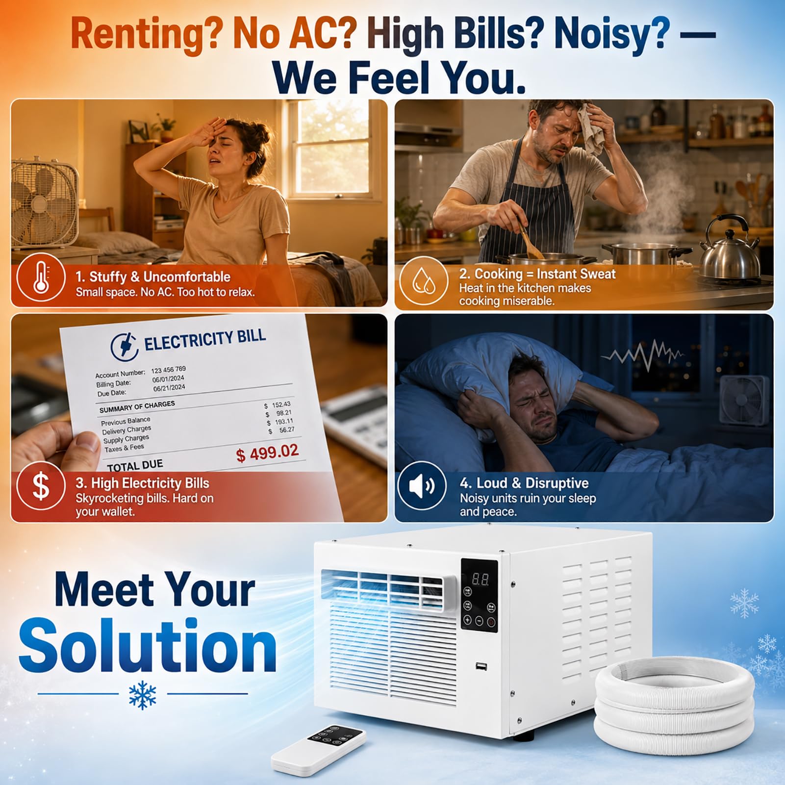 Aire Acondicionado Portátil Ultra Silencioso (45dB) con Compresor, Deshumidificación y Temporizador Programable, Control Remoto, Bajo Consumo, para Tienda de Campaña y Autocaravana