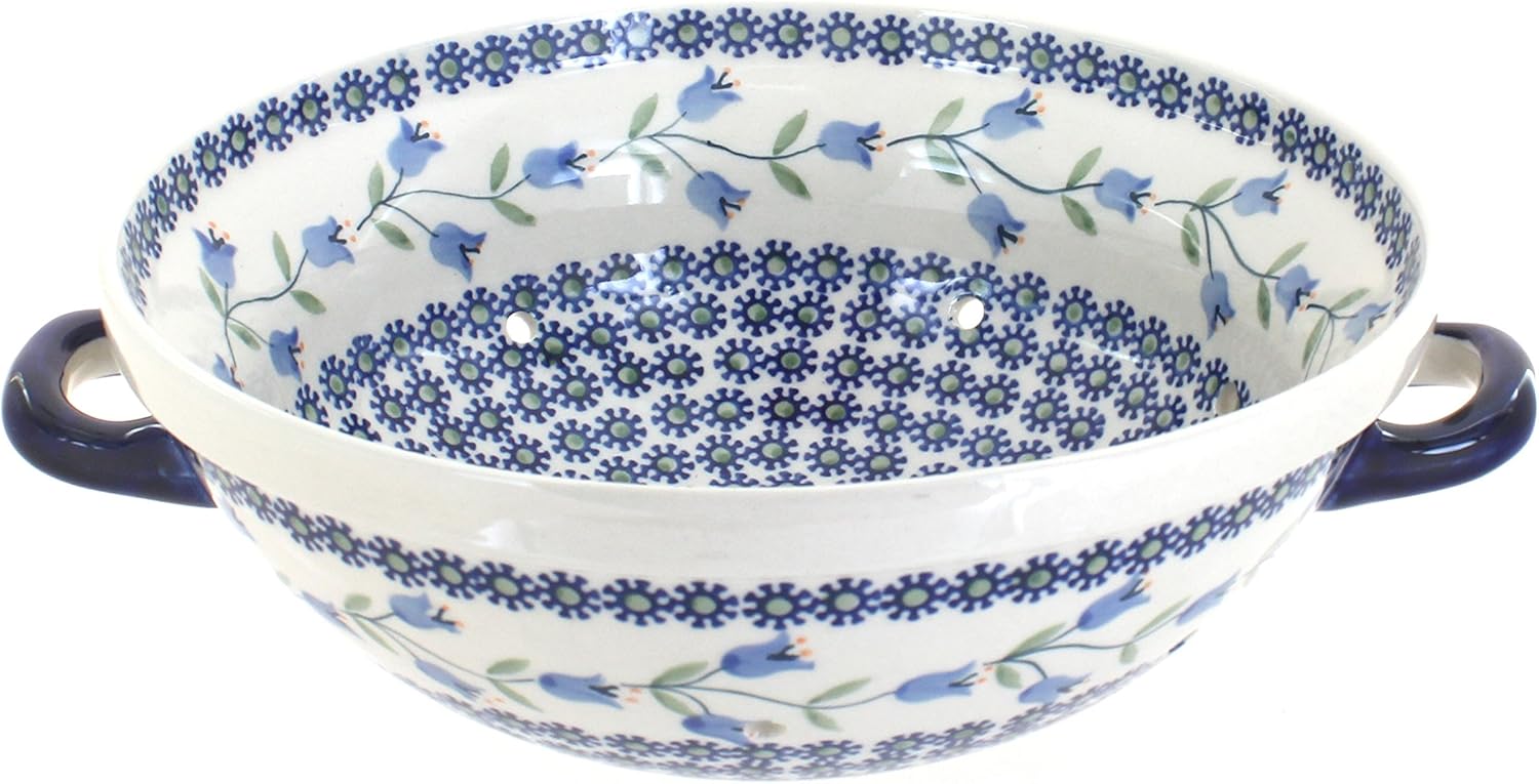 Blue Rose Polish Pottery - Red Poppy Colander - 11" x 9.5" - Ceramic Colander with Drain Holes
