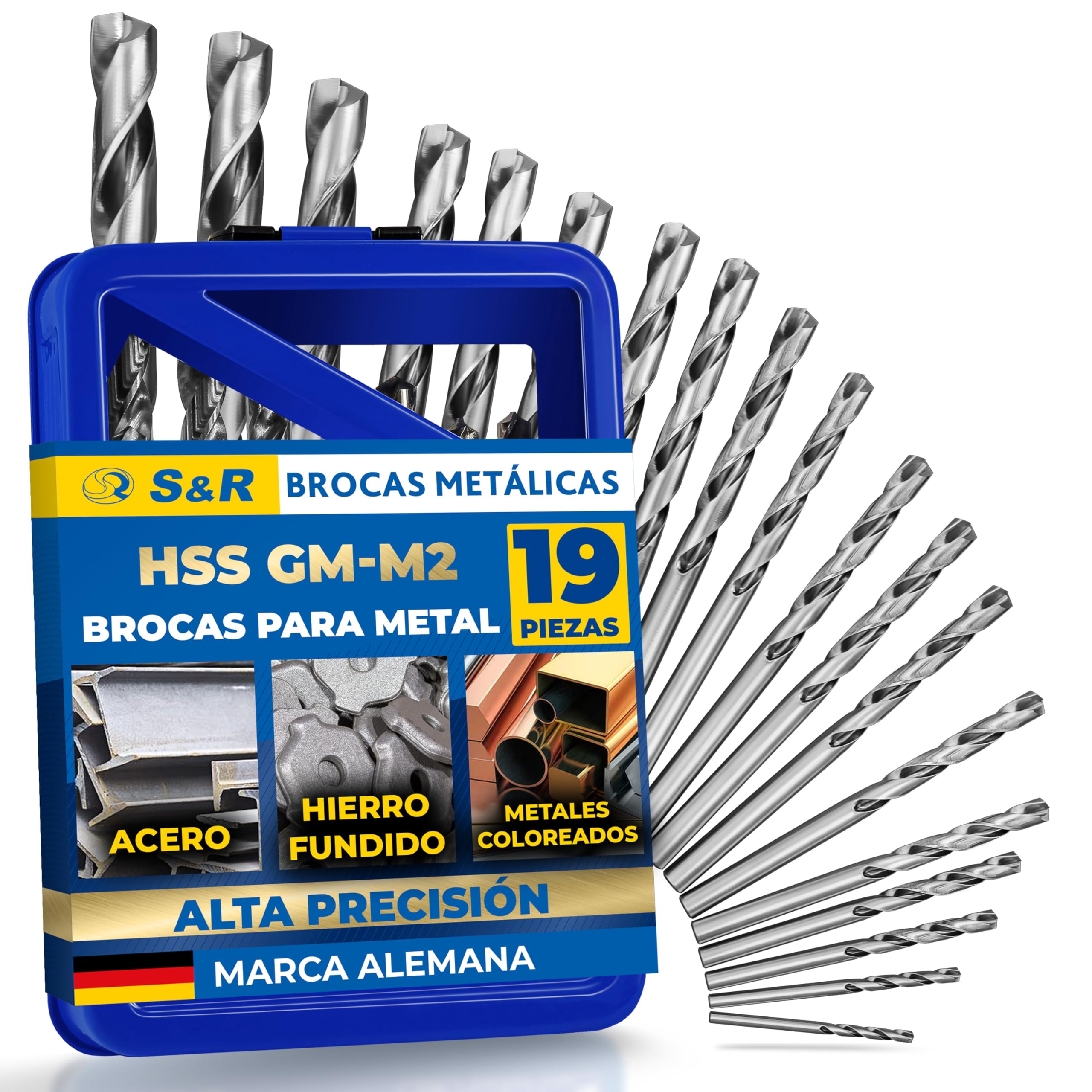S&R Juego de 19 Brocas para Metal y Hierro Rectificadas HSS 1-10 mm 118° serie GM DIN 338 - Calidad Profesional