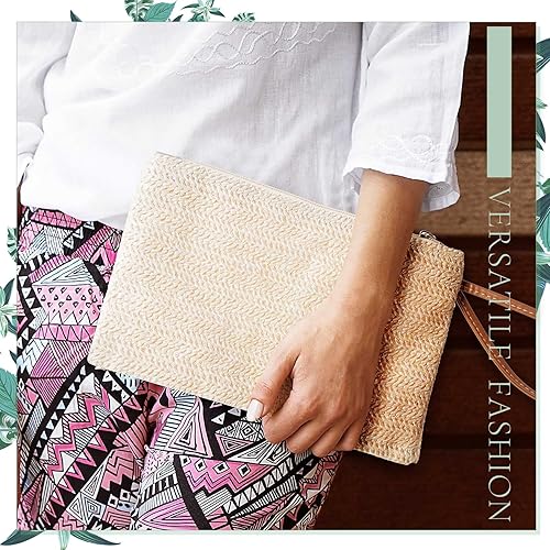 Miniatura 6 de Bolsa de mano de paja para mujer, 6 piezas, estilo bohemio, para verano, playa, bolso de paja tejido hawaiano, bolsos de paja para mujer, bolsos de