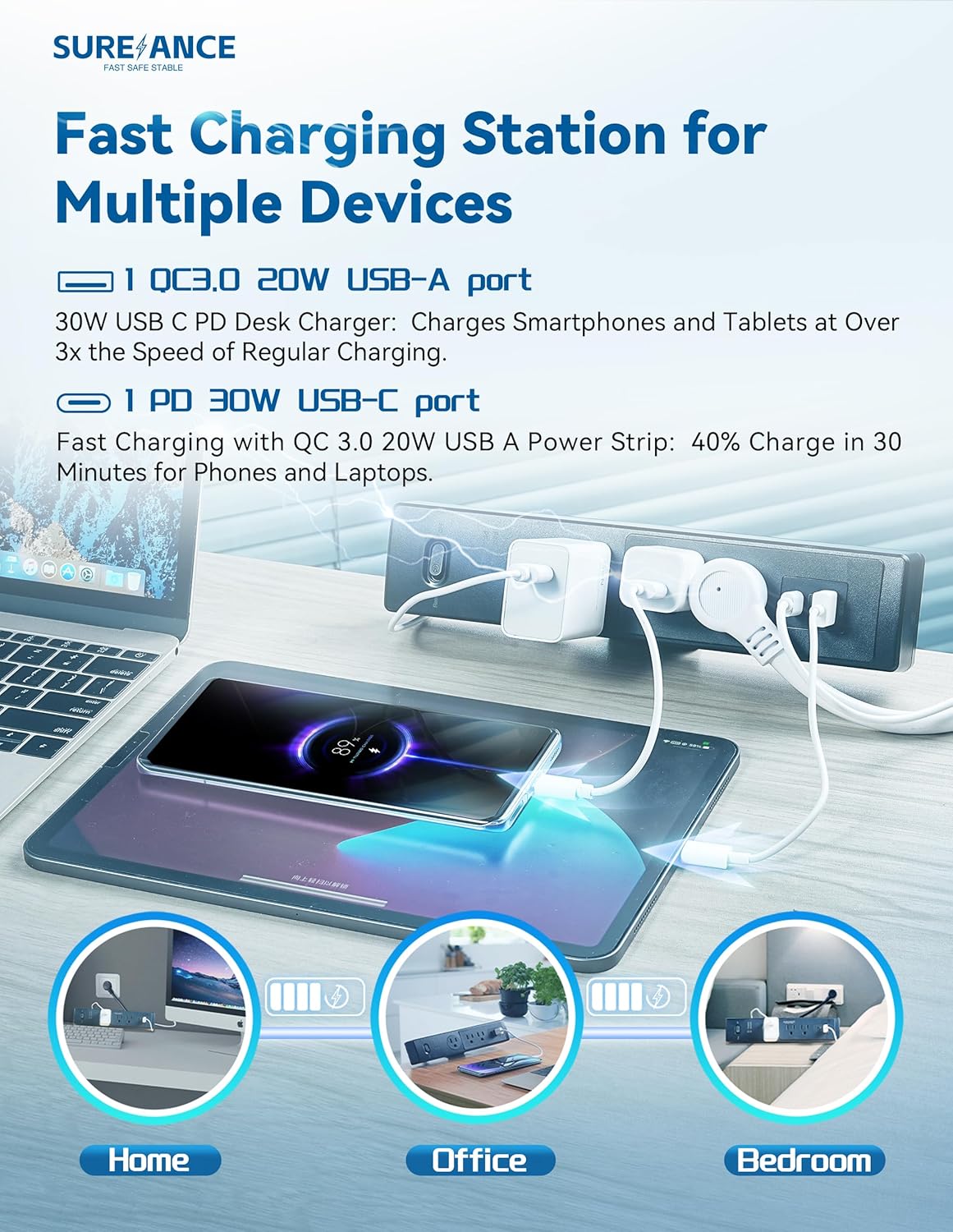 50W Desk Clamp Power Strip with USB-C 30W PD, SUREANCE Desktop Electrical Outlet Extender, Fits Max 2.5" Table Edge, 980J Surge Protector, 20W USB A, 6FT Extension Cord, Fast Charging Station (Black)