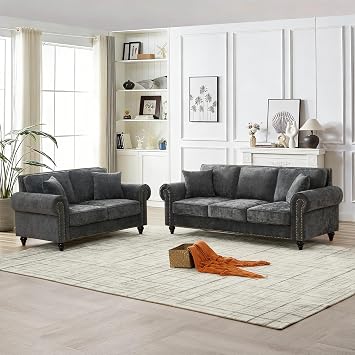 2 Piece Sofa Set, Modern Couch and Loveseat Sets, Mid Century Couch with Rolled Armrests and Nailhead Trim, Comfy Deep Seat Sofa Furniture for Living Room, Apartment, Office