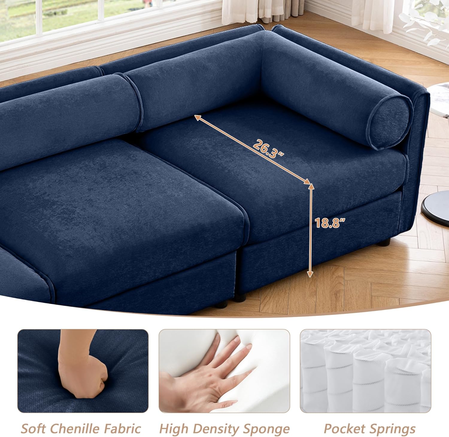 Oversized Modular Sectional Sofa, 75.5" Chenille Loveseat with Cylindrical Backrest & Armrest, Modern Comfy 2-Seat Sofa with Ottoman, Upholstered Deep Seat Couch for Living Room, White