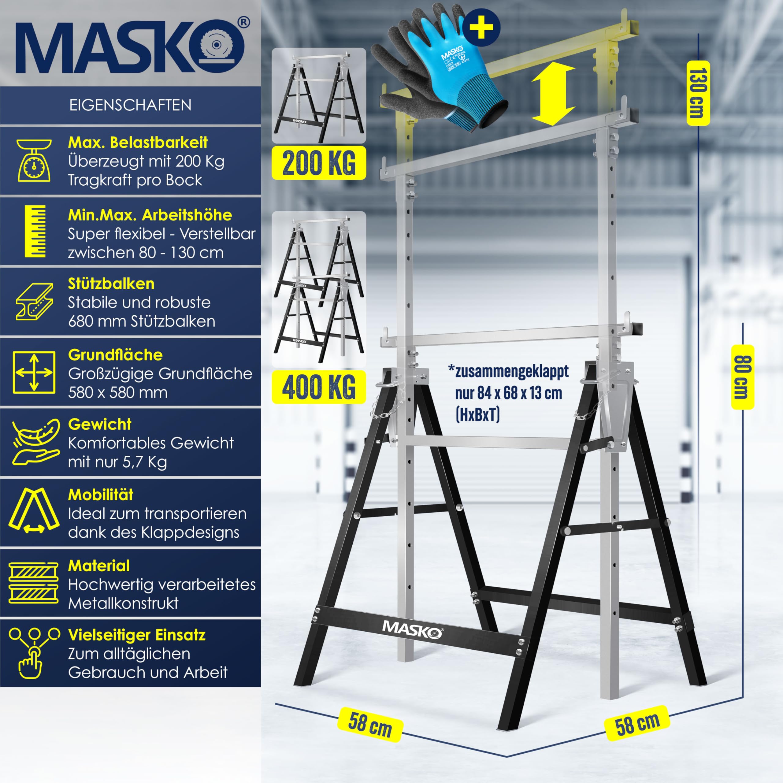 MASKO® Caballete de trabajo Telescópico, Capacidad de Carga máx. 200 kg, Caballete de Andamio, Regulable en Altura - Altura de trabajo 800-1300 mm, incl. Guantes, Juego de 4 - Plata/Negro