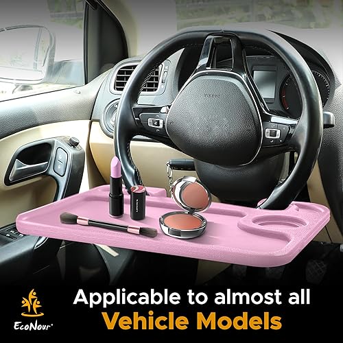Miniatura 7 de EcoNour Escritorio para volante de automóvil 2 en 1  Bandeja para volante para laptop y alimentos  Bandeja de mesa rosa para comer con soporte para