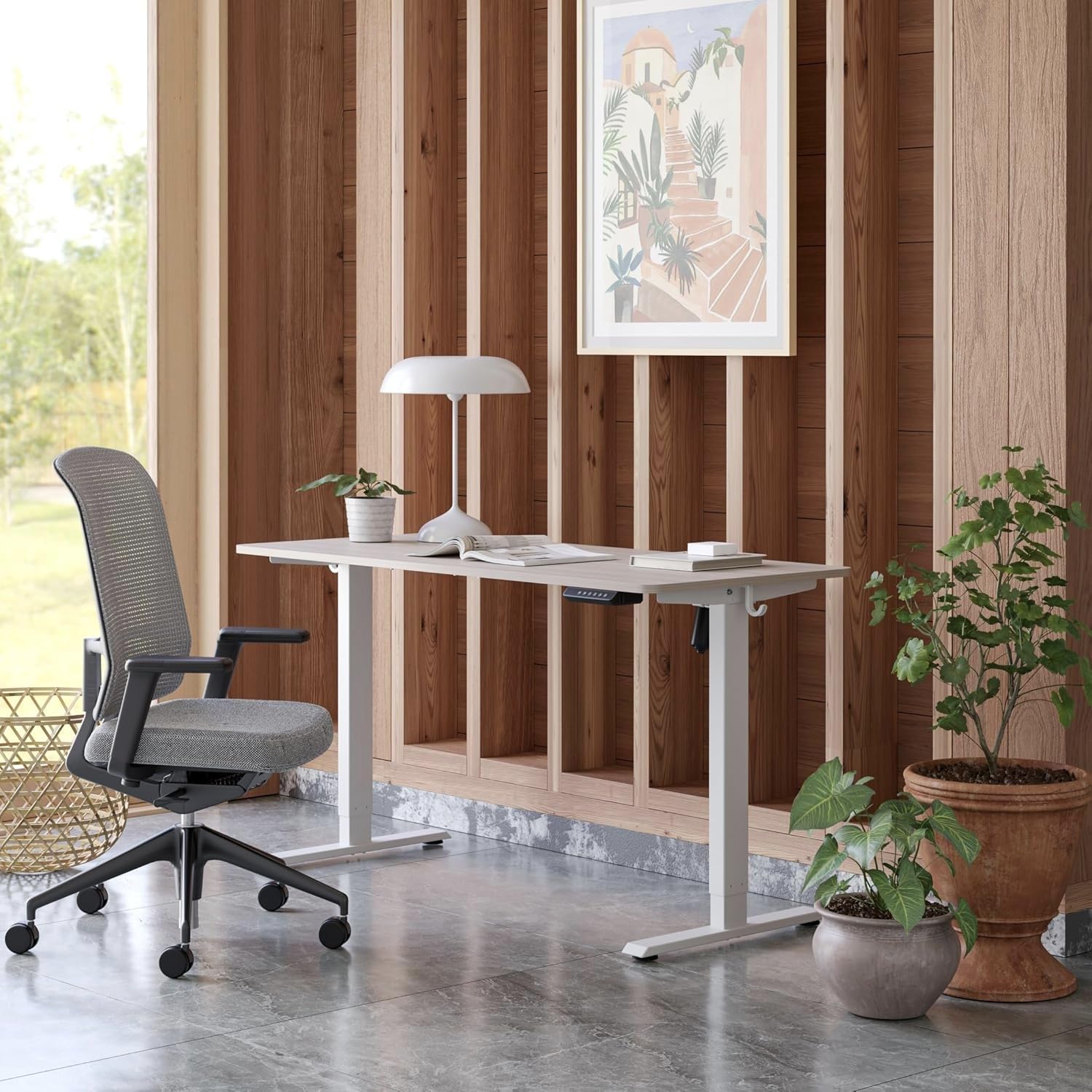 FEZIBO One-Piece Standing Desk Adjustable Height Stand up Home Office Desk, 60x24 Inch Electric Standing Computer Desk, with 4 Memory Presets, Headphone Hook, Light Walnut