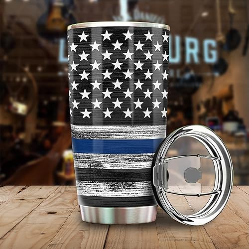 Miniatura 6 de Vaso de policía personalizado con insignia de policía, regalo de oficial de policía, vaso de acero inoxidable de 20 onzas con línea azul fina y