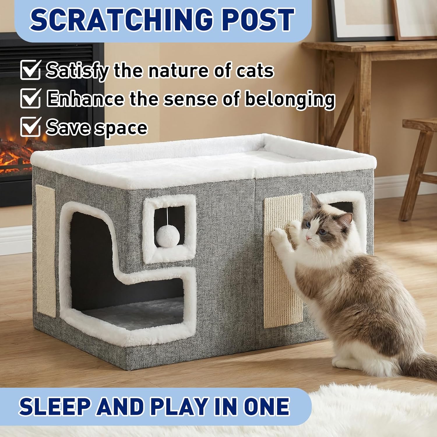 Cat Houses for Indoor Cats,Foldable with Cat Scratch Pad and Hanging Fur Ball - Washable Semi-Enclosed Cat Bed, Warming Comfy Cat Tent,22.83x16.92x12.99inch, Grey