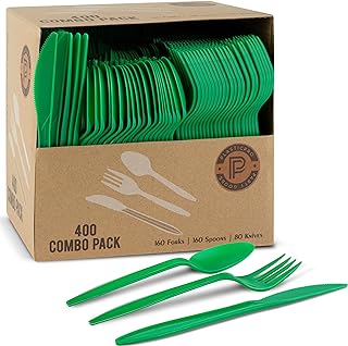 PLASTICPRO 400 Pack Disposable Christmass Green Cutlerys Plastic Utensils Assorted Colored Cutlery Combo Set Forks Spoons Knives Silverware, Green Plastic Cutlery for Parties