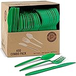 PLASTICPRO 400 Pack Disposable Christmass Green Cutlerys Plastic Utensils Assorted Colored Cutlery Combo Set Forks Spoons Knives Silverware, Green Plastic Cutlery for Parties