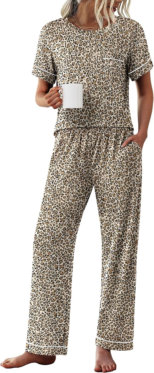 Ekouaer Pajamas for Women Set 2 Piece Sleepwear Comfy Lounge Set S-XXL | Short sleeve pjs, long pants with pockets, crew neck pullover, soft pajama sets, fall loungewear, all-season daily wear
