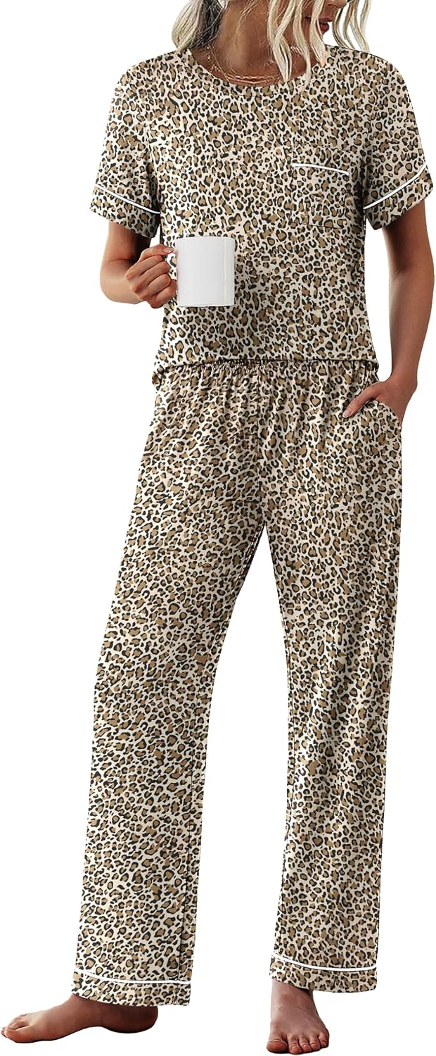 Ekouaer Womens Pajama Sets Short Sleeve Top and Pants 2 Piece Pjs Soft Sleepwear Comfy Lounge Set S-XXL