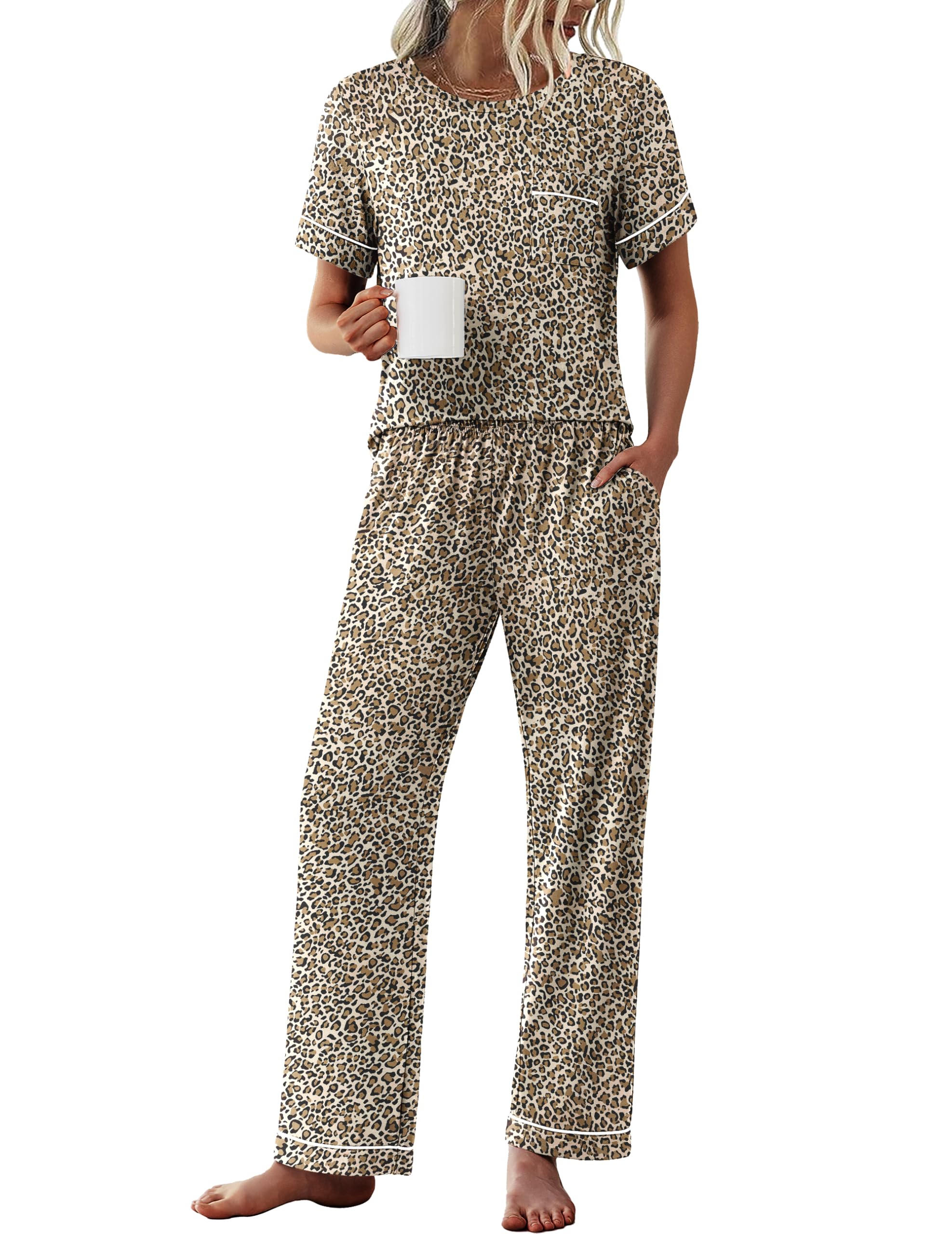 Ekouaer Womens Pajama Sets Short Sleeve Top and Pants 2 Piece Pjs Soft Sleepwear Comfy Lounge Set S-XXL