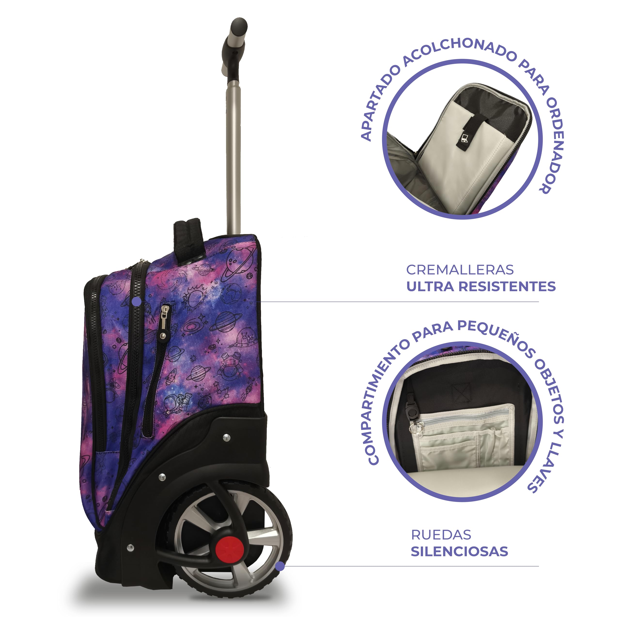 Mochila Escolar con Ruedas, Diseño Galaxia, 40L, 40 x 30 x 15 cm, Morado, con Compartimento para Portátil 15", Ruedas Silenciosas