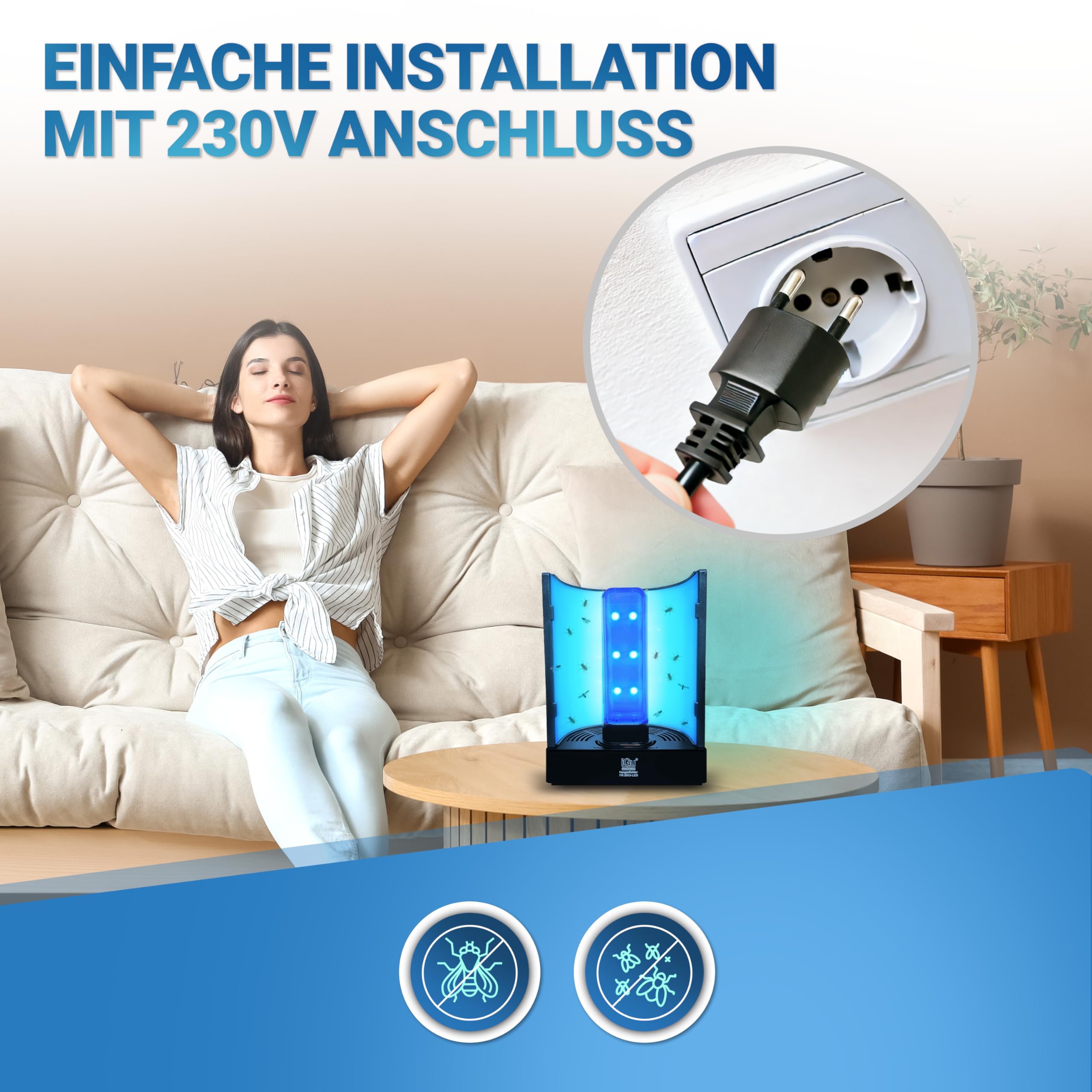 iGu 3003 LED Fliegenfänger Elektrische Fliegenfalle Innenbereich UV-LICHT | Insektenvernichter, Fliegenfalle mit Ersatzfolien, Klebefolien FANGREFLEKTOR, Fliegenabwehr, Mückenfalle, Mückenschutz, 230V
