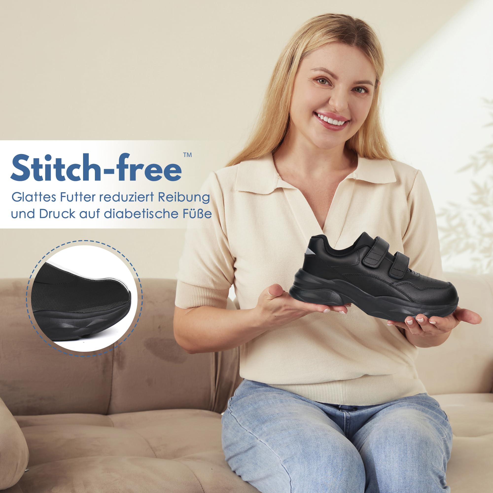 Ortho+rest Damskie buty skórzane dla cukrzyków, buty do chodzenia, szerokie palce, buty typu sneaker