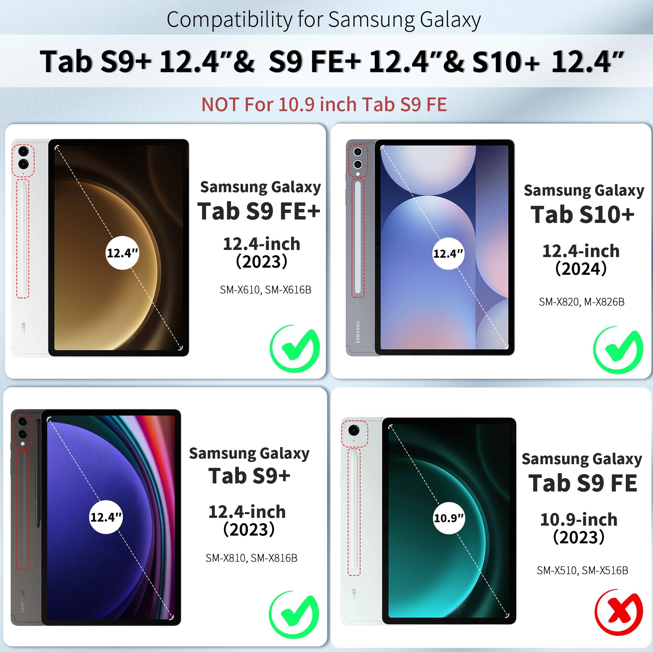 Junfire Schutzhülle für Samsung Galaxy Tab S9 Plus/S8 Plus/S7Plus/S7FE/S9 FE Plus, 12,4 Zoll Tablet Cover mit Kickstand, Handschlaufe, Stylus Halter, Rosa