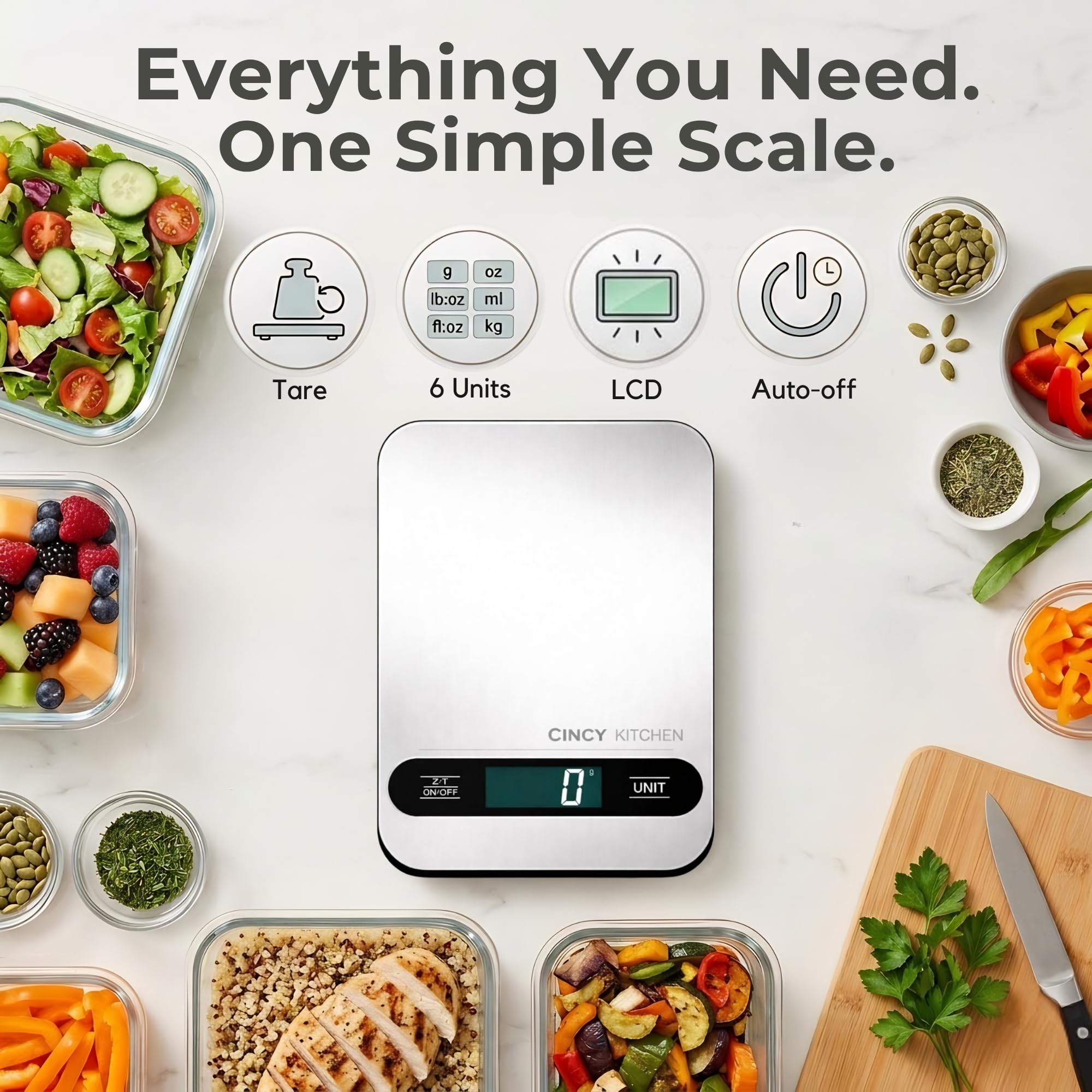 Báscula digital de alimentos para cocina, capacidad de 10 kg, precisión de 1 g, báscula de cocina de acero inoxidable con función de tara, 6 unidades (g/oz/lb/ml/kg), LCD grande, preparación de