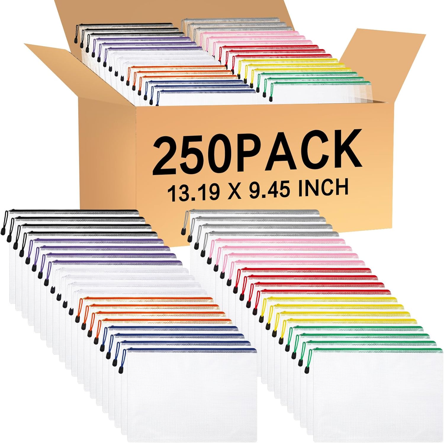 Zhehao 250 Pcs Mesh Zipper Pouch Bags Bulk A4 13.19 x 9.45 Inch Zipper Pouch Waterproof Clear Pencil File Storage Bags Organizer for Teacher School Organization Supplies(Colorful)