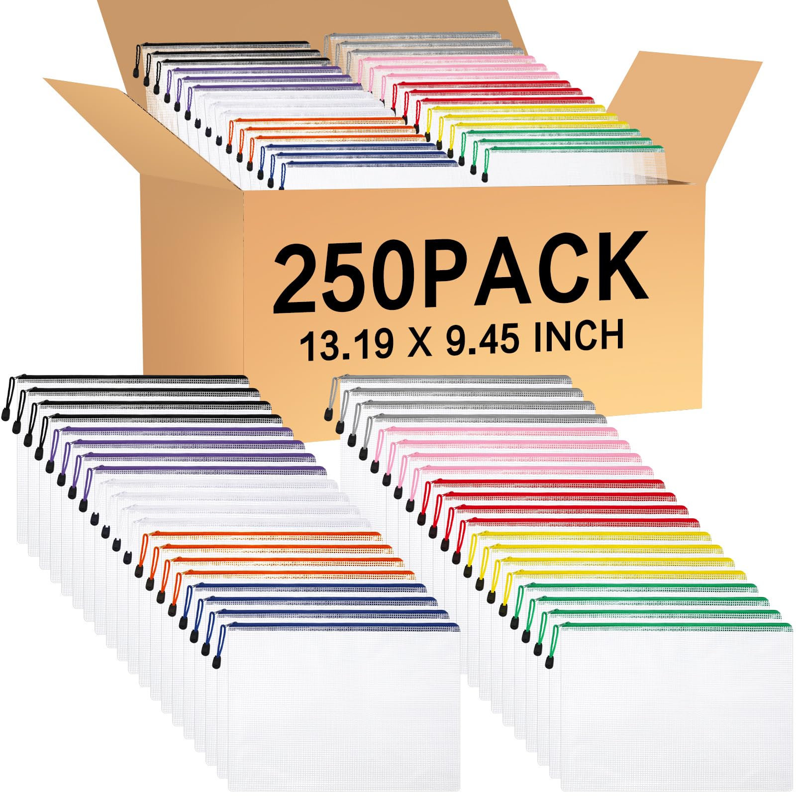 Zhehao 250 sacchetti in rete con cerniera per matite, sacchetti trasparenti in rete con cerniera, formato A4, 33,5 x 24 cm, impermeabili, organizer per documenti, cartelle in plastica per aule e