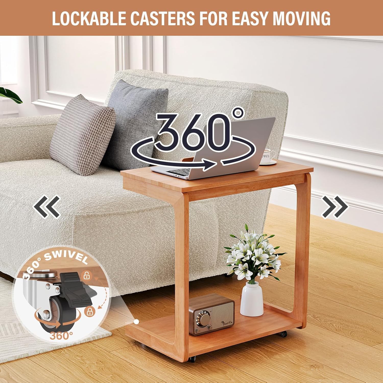 C Shaped End Table for Couch - Wooden Rolling C Shaped Side Table, End Tables Bedroom Living Room, Small C Table with Wheels, Side Table for Couch/Sofa/Bedside/Multi-Purpose, Cherry