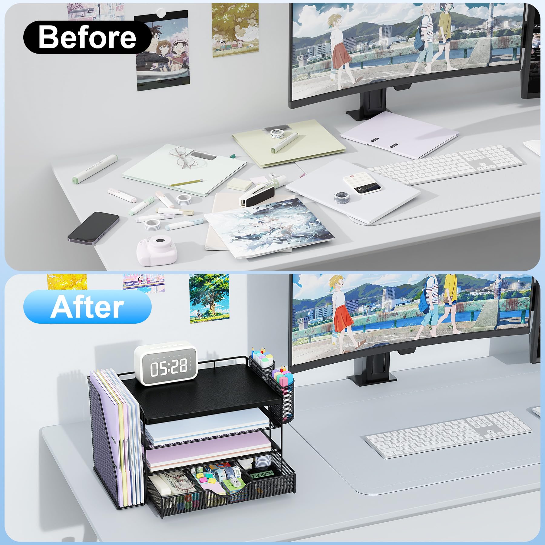 gianotter Wood Desk Organizers and Accessories with File Holder, 4-Tier Desk Accessories & Workspace Organizers with Drawer and 2 Pen Holder, Desk Reference Organizer (Black, 4T with Metal Drawer) view 2