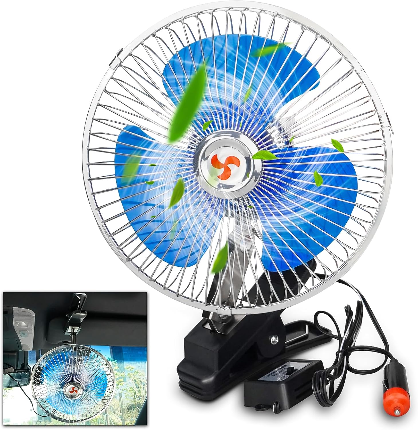 Bestview 12V Car Fan, 8-Inch Clip on Vehicle Fan with 2-Speed Switch, 360° Rotatable Cigarette Lighter Plug Cooling Fan for Truck, SUV, RV, Van, Golf Cart