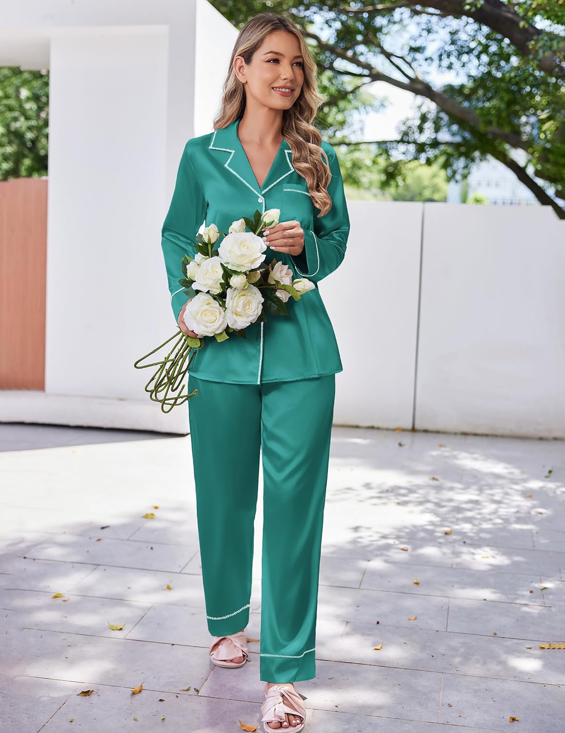 Ekouaer Satin Pajama Set for Women Silky Sleepwear Long Sleeve Top and Pants Button Down Pjs Lounge Set - Image 5