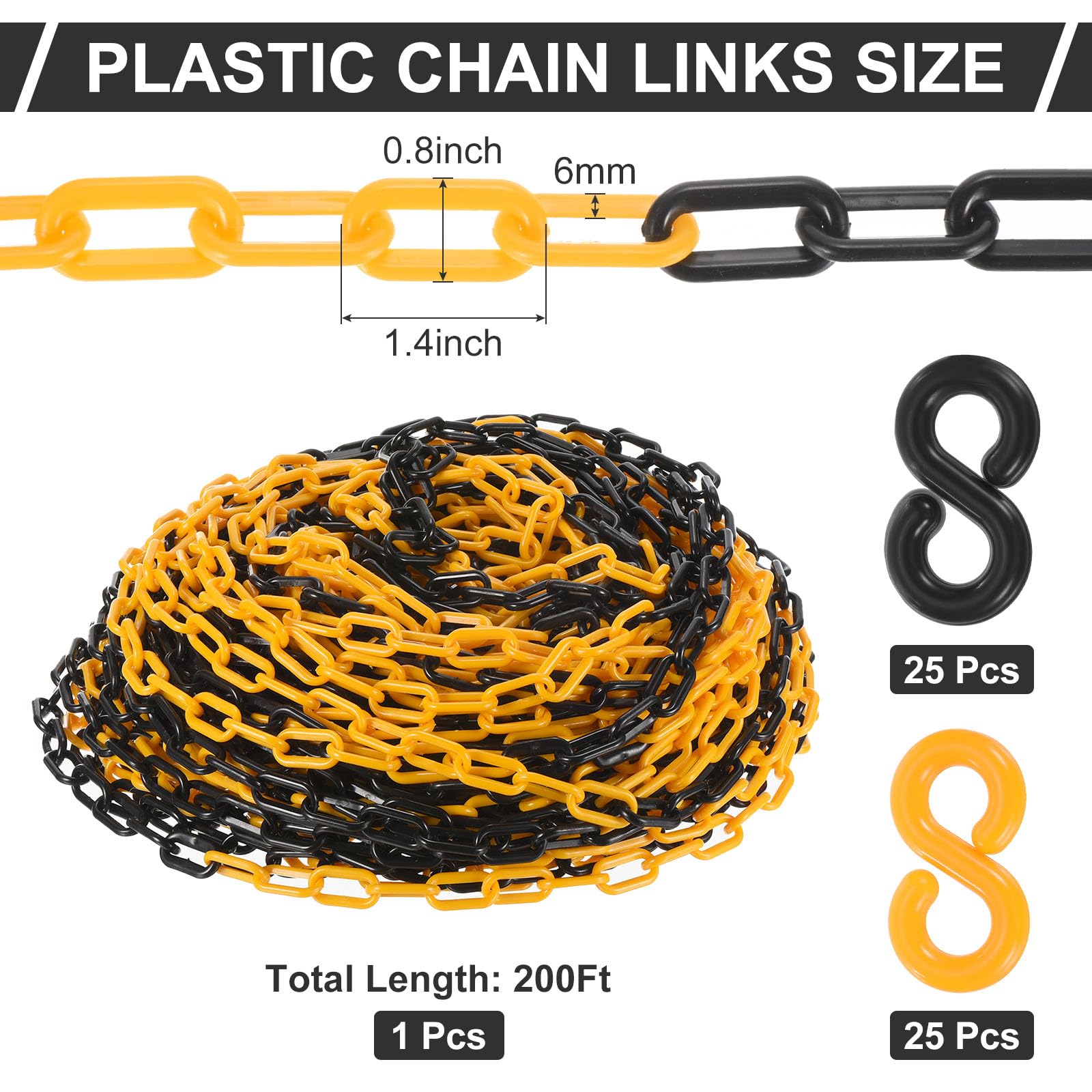 PATIKIL Chaînes en Plastique, Maillons de 200 Pieds, Jaune/Noir, 0,24"/6 mm de Hauteur, Avec 25 crochet Jaunes et 25 crochet Noirs pour Les Barrières de Sécurité