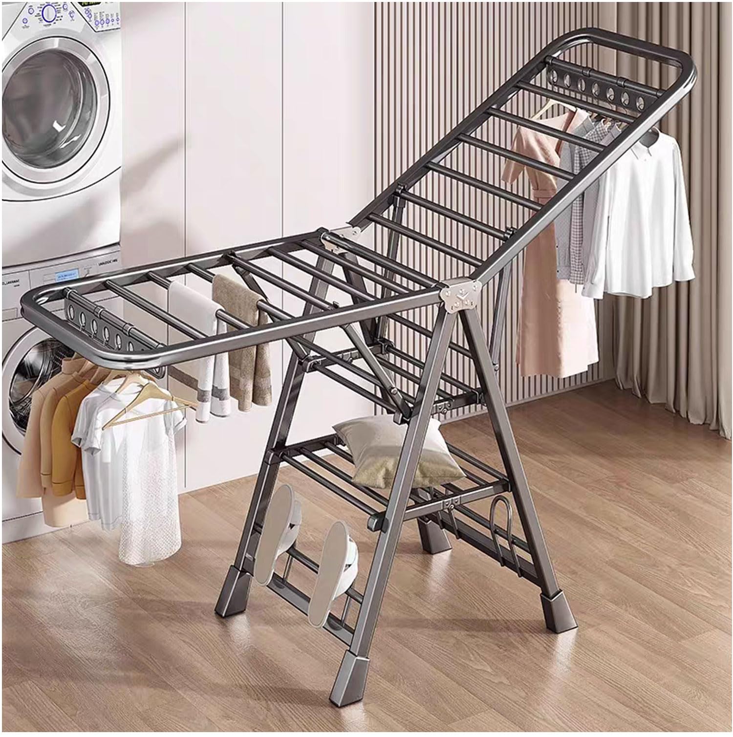Mimiblack Extra Large Clothes Drying Stand, 71'' Heavy Duty Gullwing Dryer Rack, Foldable Laundry Hanger Rack with Wheels, Extra-Thick Carbon Steel Cloth Air Dryer Stand with Windpoof Hooks(180CM)