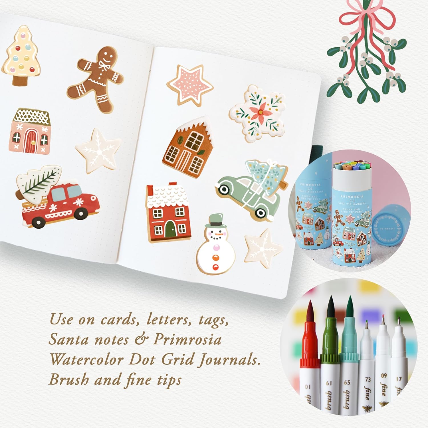 Primrosia 24 Dual Tip Marker Pens – Christmas Sugar Cookie Limited Edition Gift Pack. Pastel & Holiday Colours for Coloring, Journaling, Card Making, Tags & Creative Projects. Brush & Fine Tips
