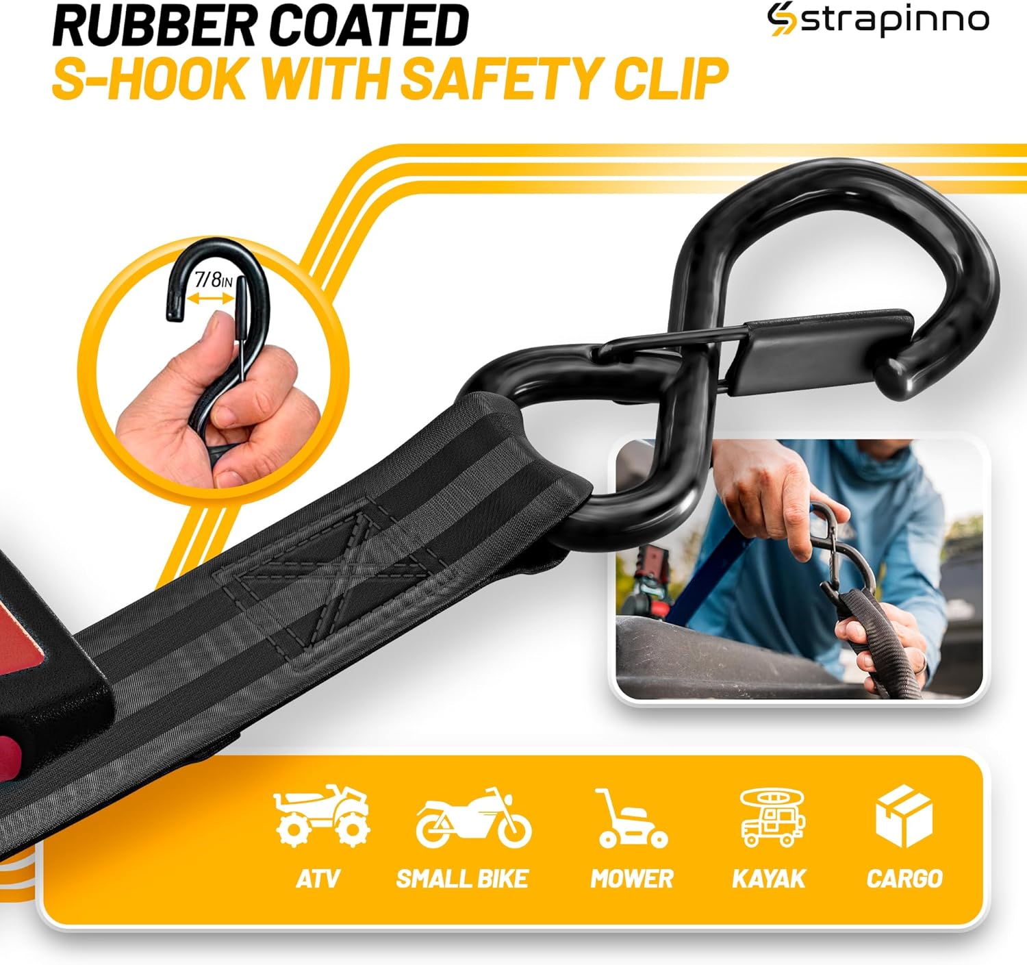 Strapinno Retractable Ratchet Straps 1 in x 10 ft, Secure Tie-Downs with Rubber-Coated Steel Handles, for Motorcycle, Jetski, Kayak, Breaking Strength 1,500LBS/680KG (Black Strap, White Zinc Coated) - Image 8