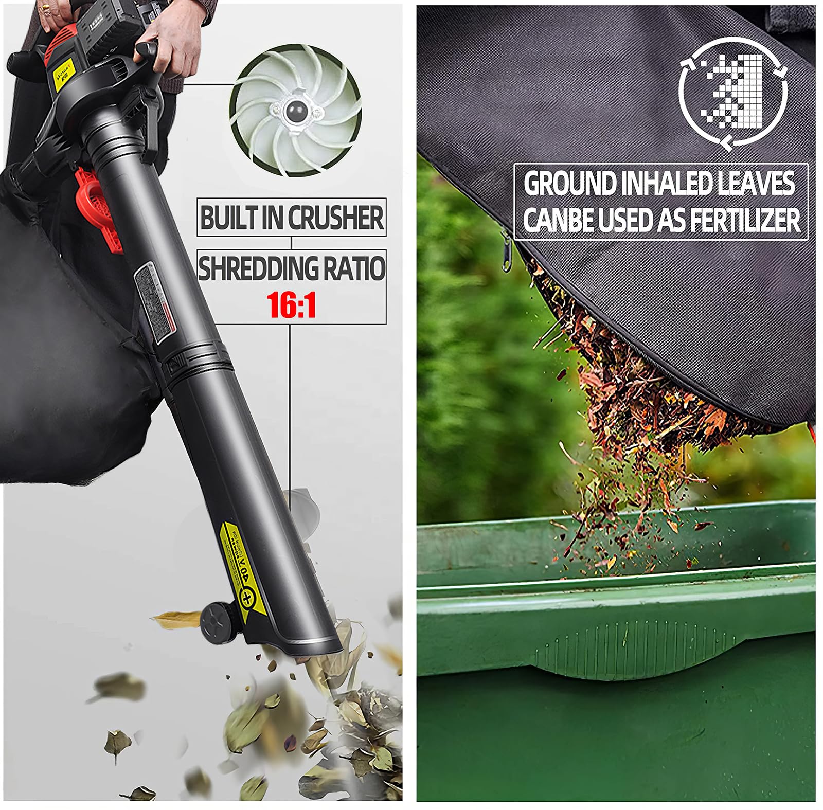 Soplador de Hojas y triturador de vacío inalámbrico de 40 V, Aspirador y sopladores de jardín, Kit de soplador con batería sin escobillas de 6 velocidades con Bolsa recolectora de 40 L, 156 CFM