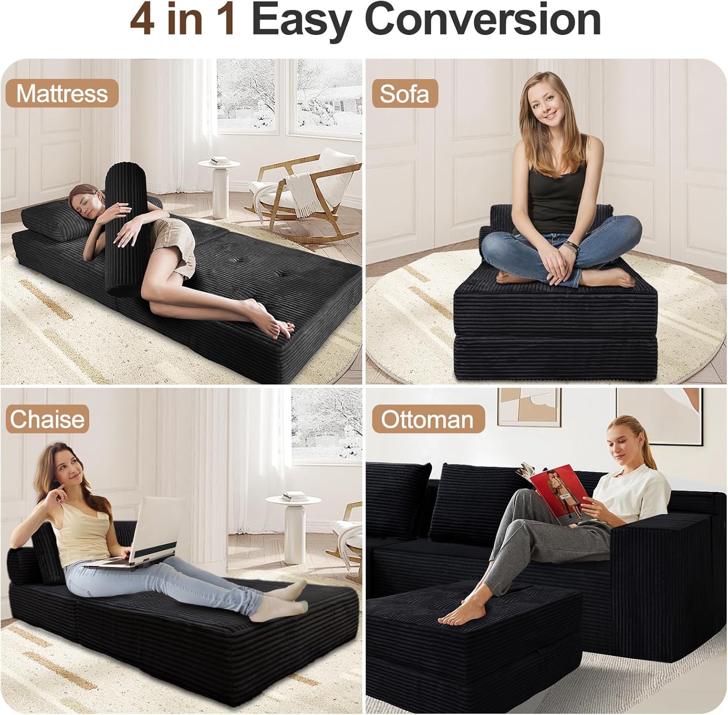 Sofa Bed Futon, Versatile Foldable Sleeper Chair with Pillow, Supportive Memory Foam, Plush Corduroy Fabric, Cozy Floor Couch, Convertible Mattress for Bedroom/Living Room/Guest/Office, Black